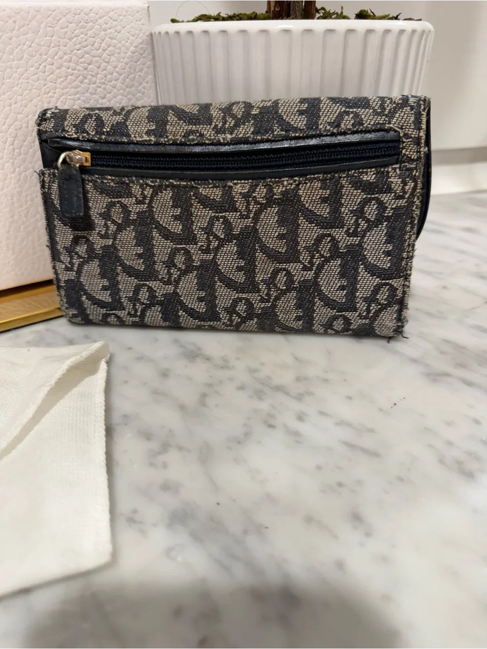 Dior Navy & Gray Oblique Canvas Card & Key Pouch with Gold 'D' Accent